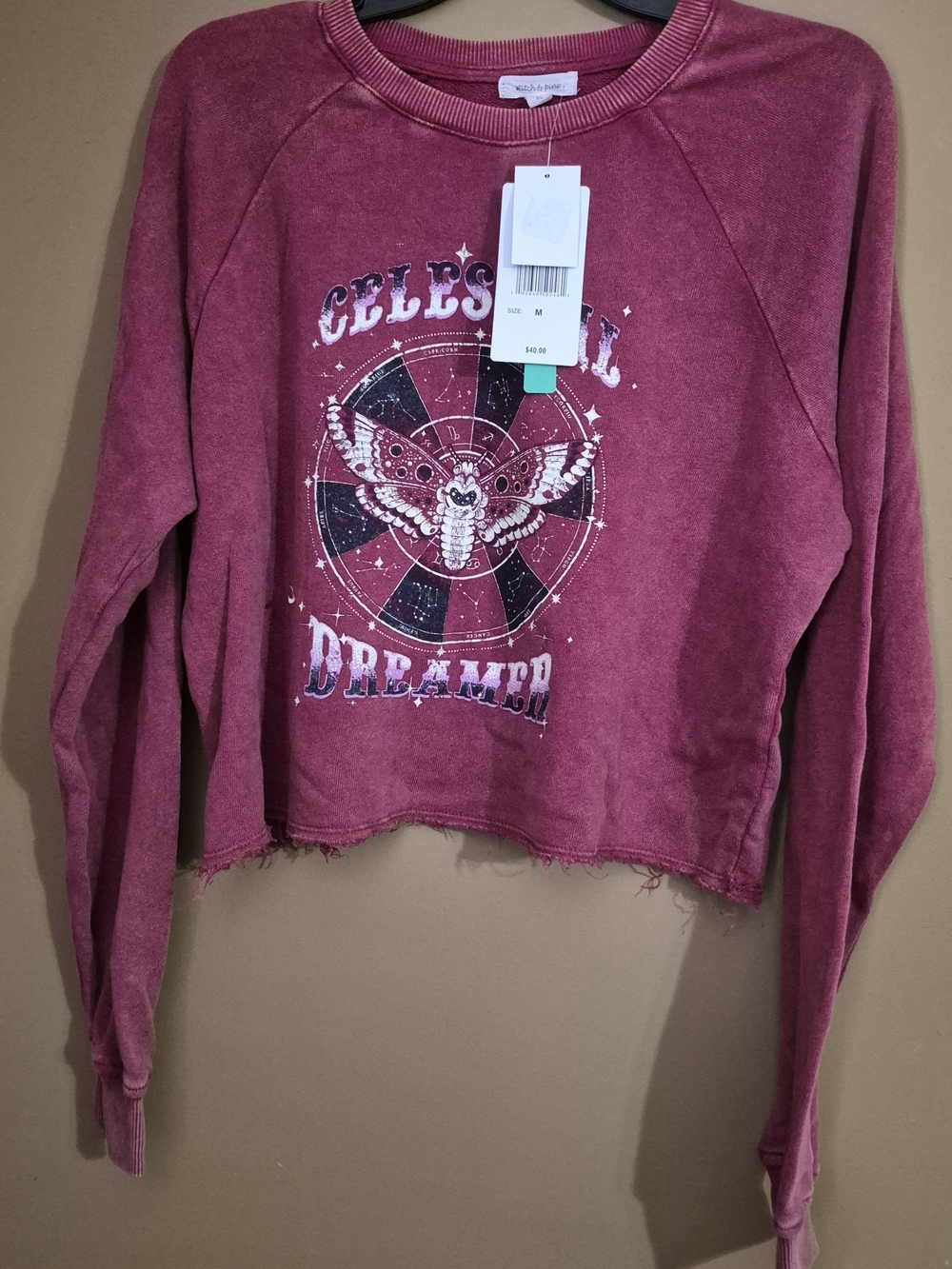 Celestial Dreamer Women's Crop Sweatshirt - Red Plum Color Size M